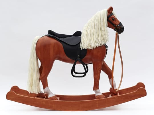 Big wooden Rocking Horse equipped with a leather harness, Chestnut Colour Finish