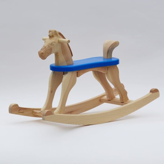 Dřevěný houpací koník přírodní s modrým sedátkem bez ocásku